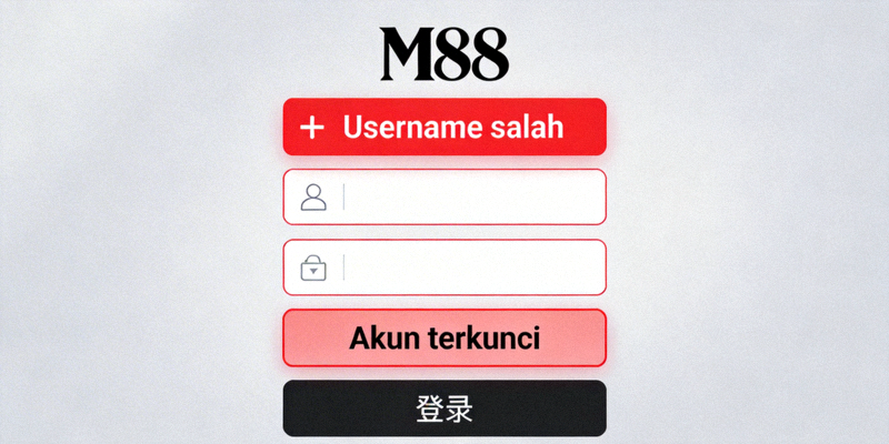 Contoh tampilan pesan error login M88 seperti username salah dan akun terkunci