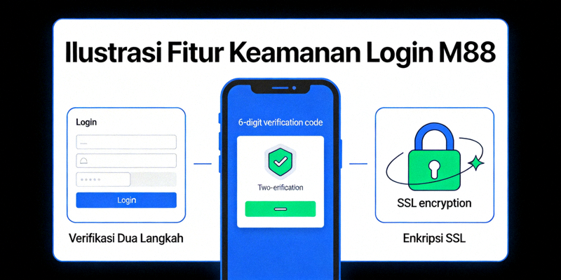 Ilustrasi fitur keamanan login M88 seperti verifikasi dua langkah dan enkripsi SSL