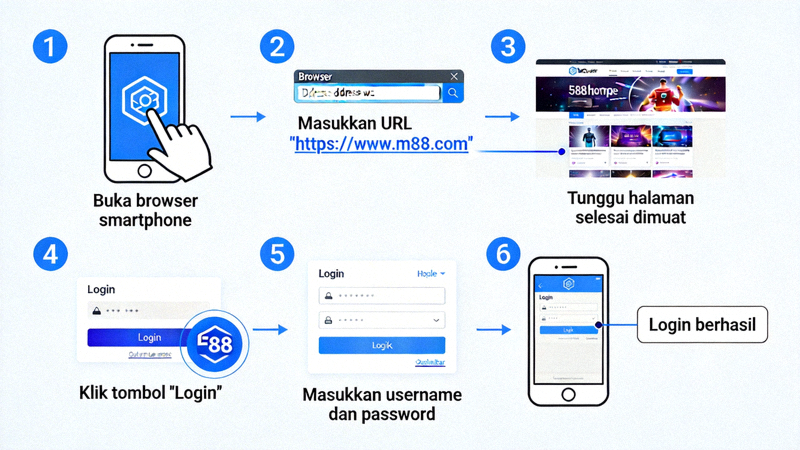 Diagram alur langkah demi langkah cara mengakses M88 melalui browser smartphone mulai dari membuka browser hingga login