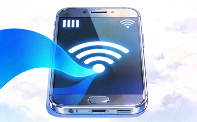 Ilustrasi smartphone yang terhubung ke sinyal WiFi dan data seluler yang kuat untuk akses yang stabil