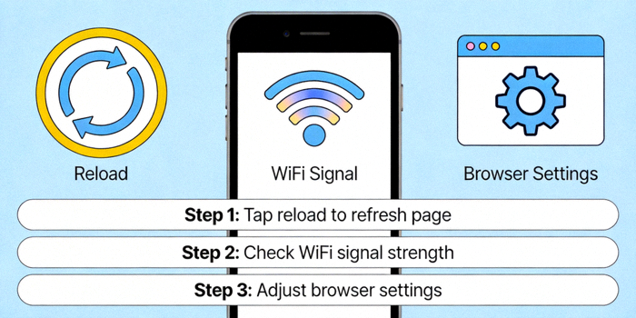 Ilustrasi visual tentang pemecahan masalah akses mobile seperti simbol reload, sinyal WiFi, dan pengaturan browser
